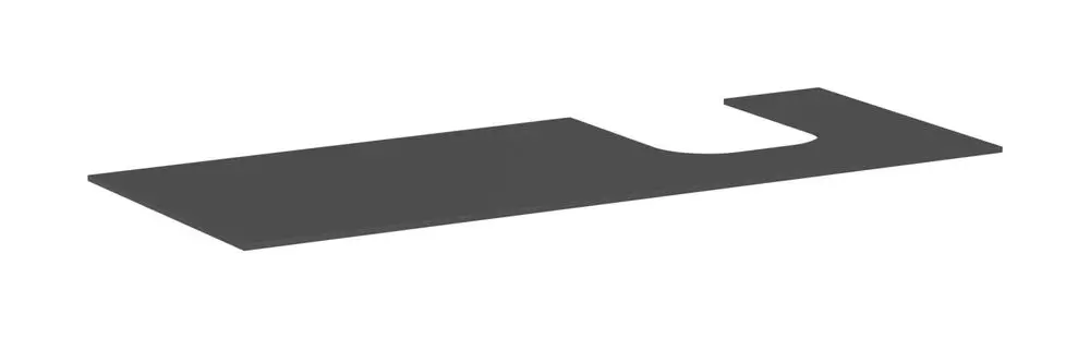 Graue Konsole für Aufsatzwaschtisch mit Ausschnitt auf der rechten Seite, gefertigt von Hansgrohe. Flache Form, geschliffene Oberfläche.